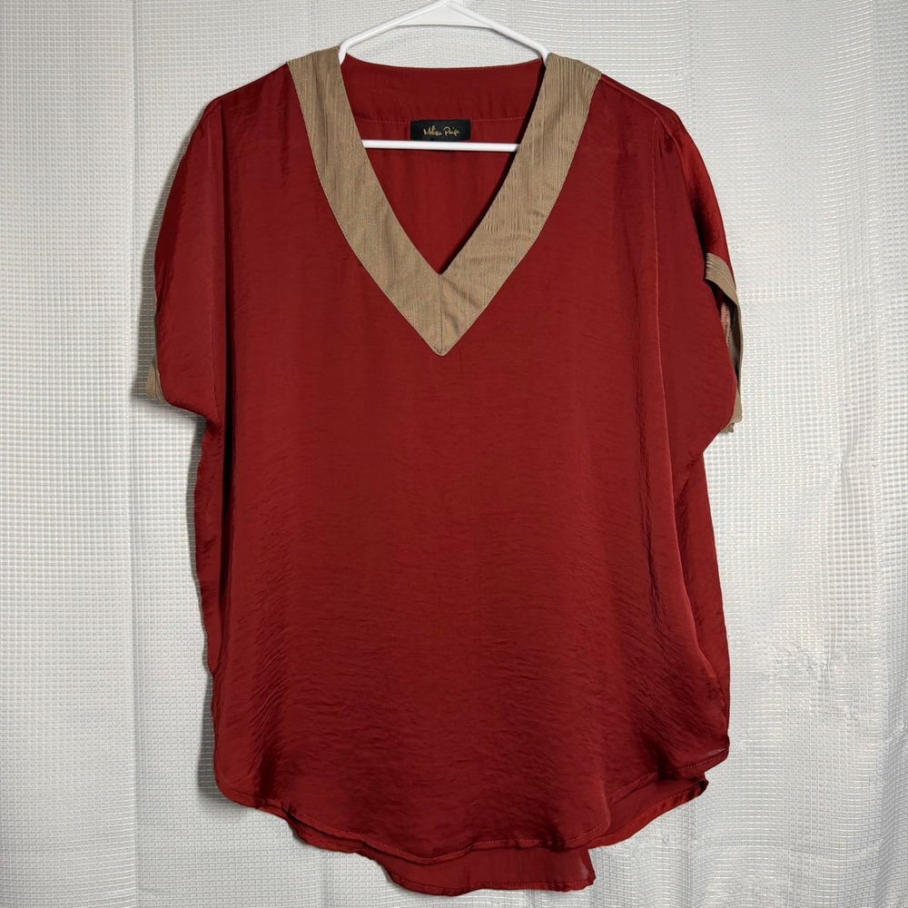 Melissa Paige Blouse Red Polyester V-Neck Contrast Trim Casual Chic S - Picture 2 of 5